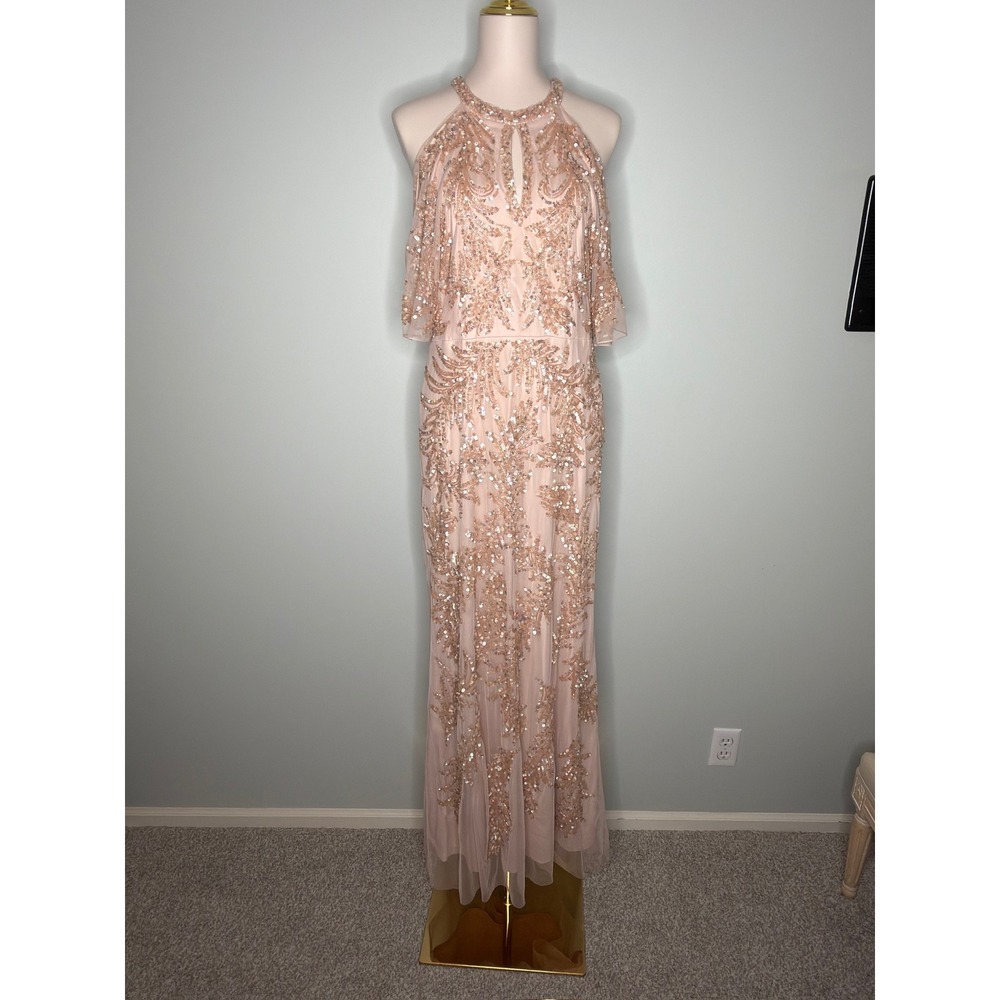Aidan Mattox Blush Pink Sequin Halter Popover Gown Formal Sz 10